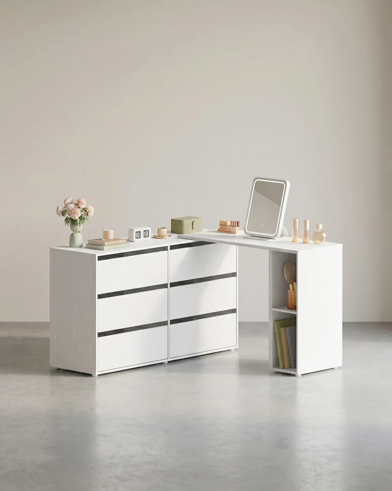 Schminktisch mit 6 Schubladen - Verstellbarer Schrank - L-Form