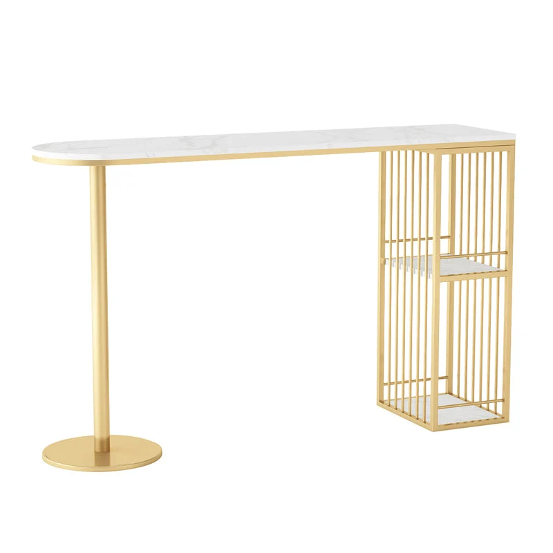 Glam Style Bar Table Faux Marble Double pedestal Bar Dining Table with Storage