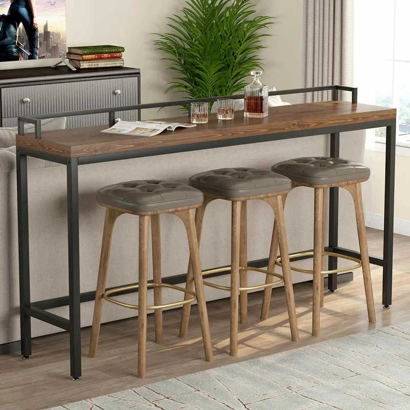 Modern 41.3"H Bar Table Black Iron Solid Wood Pub Table for Living Room