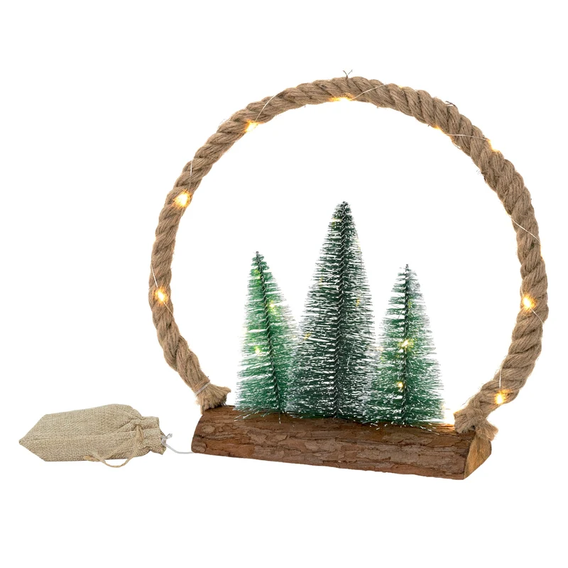LED Jute Kreis 34x30x7.5 cm aus Seil mit 30 warmweißen LEDs 3 Tannen Jutesäckchen Batterien Timer