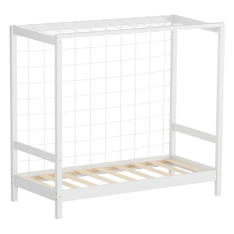 Kinderbett Fußballtor 70x140 cm Weiß Einzelbett für Kinder Holzbett mit Lattenrost & Tornetz Handballtor ML-Design