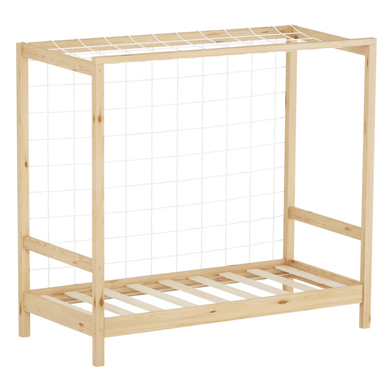 Kinderbett Fußballtor 70x140 cm Natur Einzelbett für Kinder Holzbett mit Lattenrost & Tornetz Handballtor ML-Design