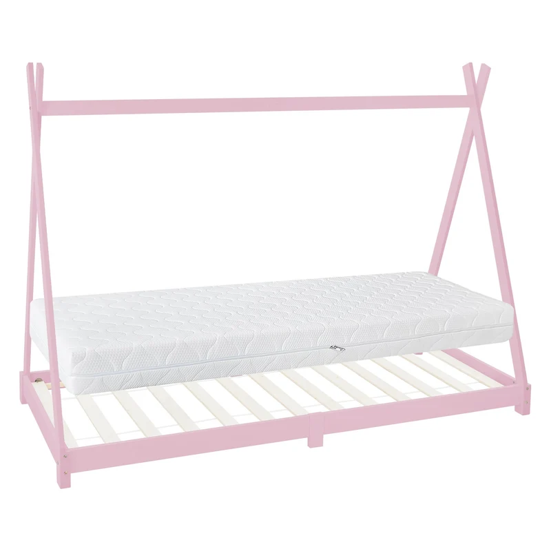 Kinderbett Tipi 90x200 cm Rosa aus Kiefernholz inkl. Matratze H-16cm Holzbett mit Lattenrost ML-Design