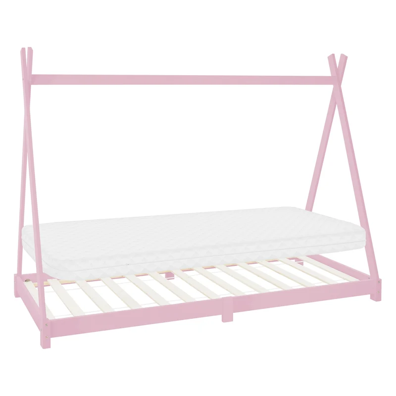 Kinderbett Tipi 90x200 cm Rosa aus Kiefernholz inkl. Matratze H-10cm Holzbett mit Lattenrost ML-Design