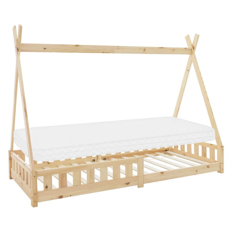 Kinderbett Tipi 90x200 cm aus Kiefernholz inkl. Matratze H-10cm Rausfallschutz und Lattenrost ML-Design