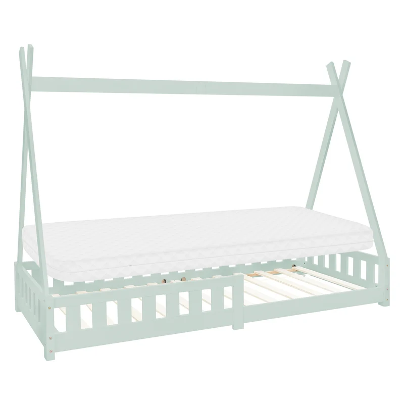Kinderbett Tipi 90x200 cm Minze aus Kiefernholz inkl. Matratze H-10cm Rausfallschutz und Lattenrost ML-Design
