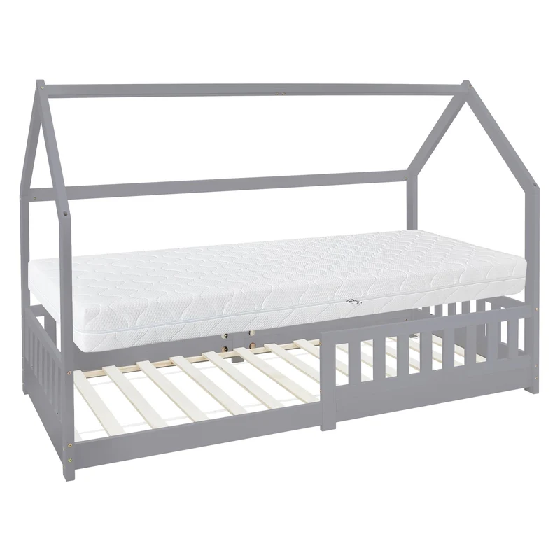 Kinderbett Hausbett 90x200 cm Hellgrau aus Kiefernholz inkl. Matratze H-16cm Rausfallschutz Dach und Lattenrost ML-Design