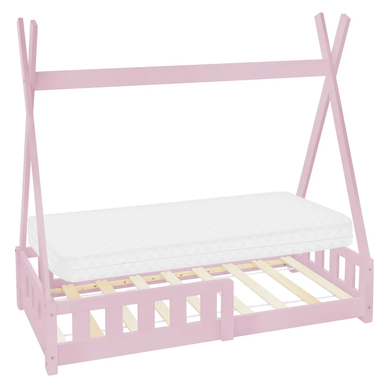 Kinderbett Tipi 70x140 cm Rosa aus Kiefernholz inkl. Matratze H-10cm Rausfallschutz und Lattenrost ML-Design