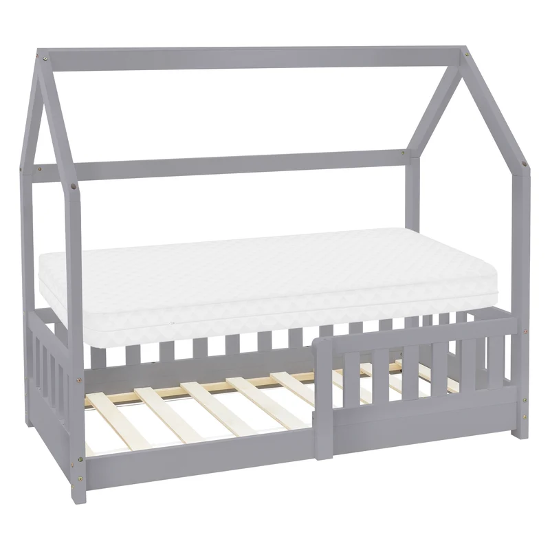 Kinderbett Hausbett 70x140 cm Hellgrau aus Kiefernholz inkl. Matratze H-10cm Rausfallschutz Dach und Lattenrost ML-Design
