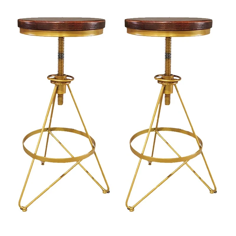 Industrial Adjustable Height Bar Stool Round Solid Wood with Iron Legs