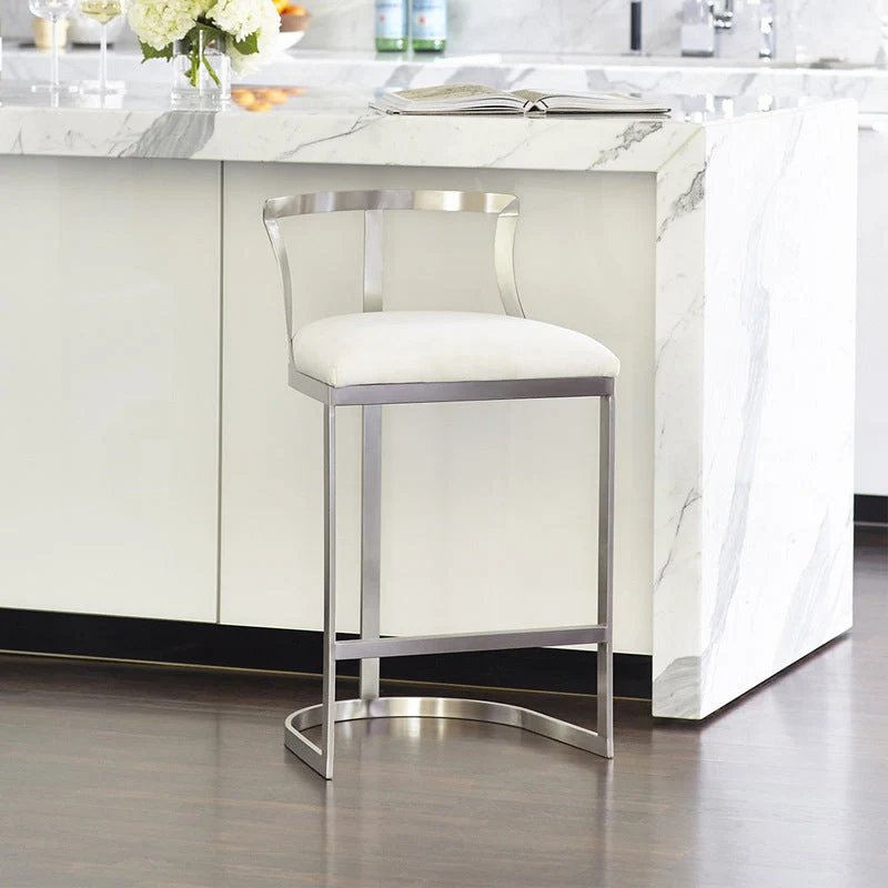 White Upholstered Bar Stools Backrest Counter Stool with Metal Base