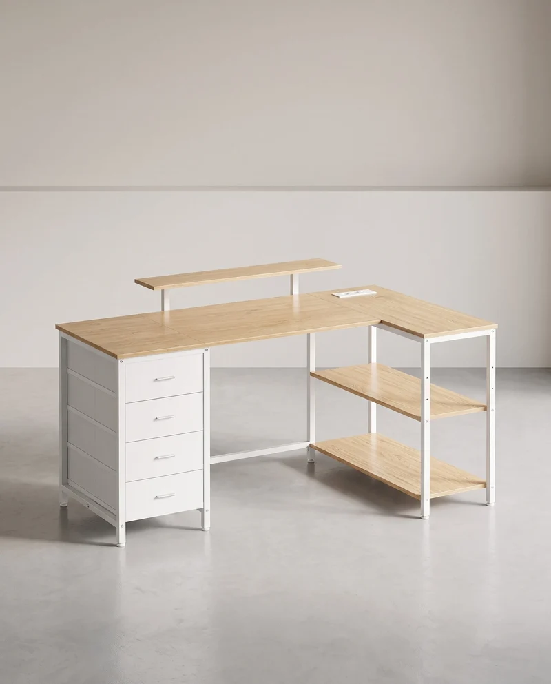 Eckschreibtisch Mit Steckdosen Und USB - L-Förmig - Mit Monitorständer Und Schubladenschrank