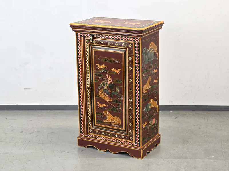 INDISCHER SCHRANK Handbemalt Rajasthan Jagdszenen Tiger Elefant Almirah