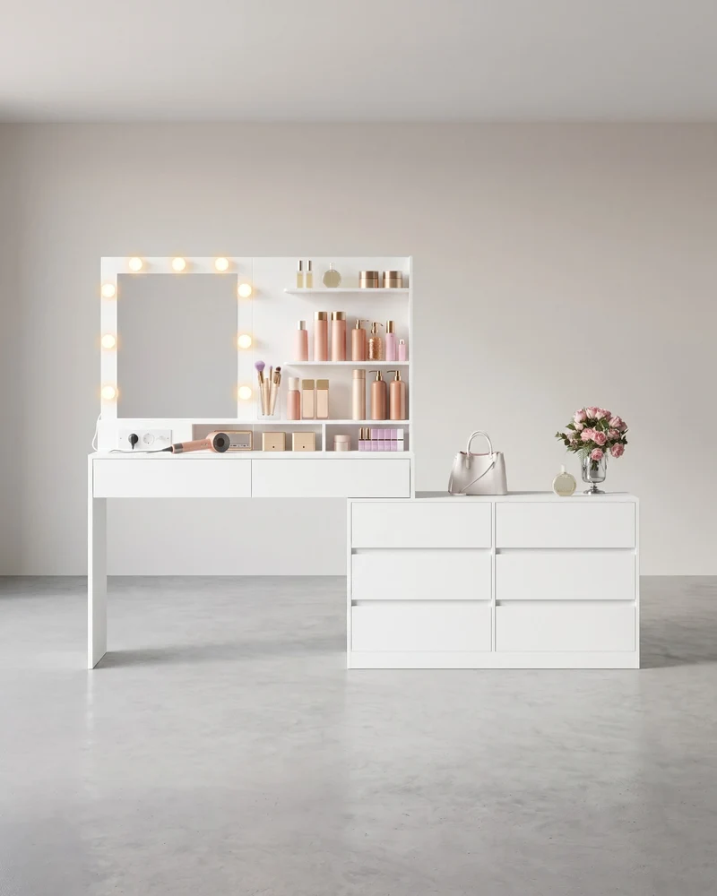 Schminktisch - Kailyn Kollektion - LED-Beleuchtung - Steckdose - 9 Schubladen