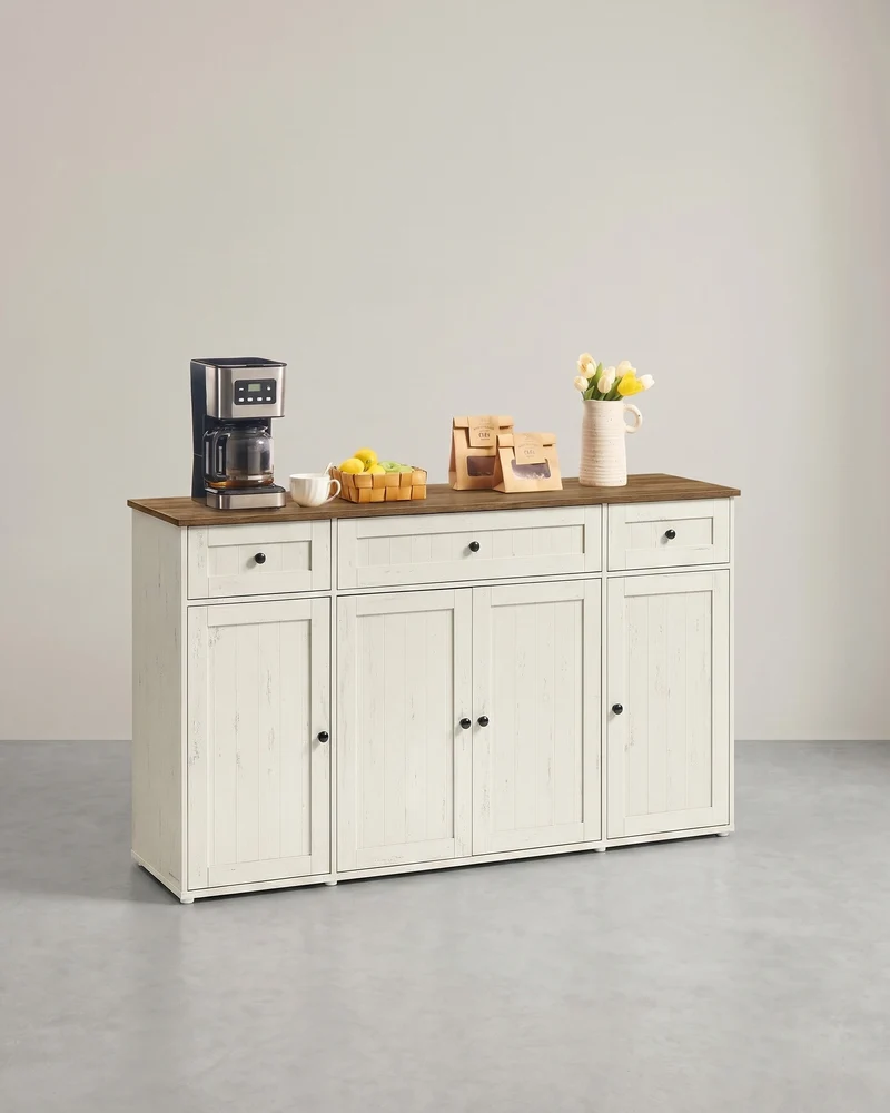 Sideboard – Küchenschrank mit Arbeitsplatte und verstellbaren Einlegeböden – Weiß und Honigbraun – Montage ohne Werkzeug