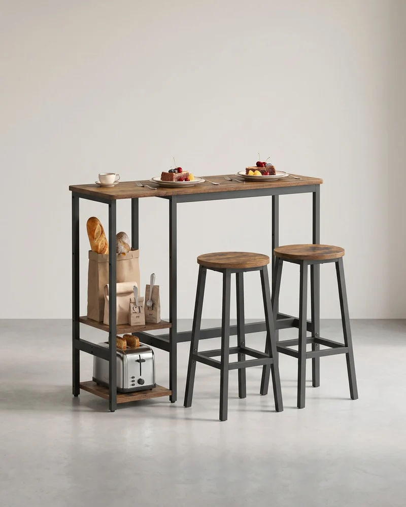 Bartisch mit 2 Barhockern – Essgruppe mit Ablagefach – Industriedesign – Kompaktes und robustes Design