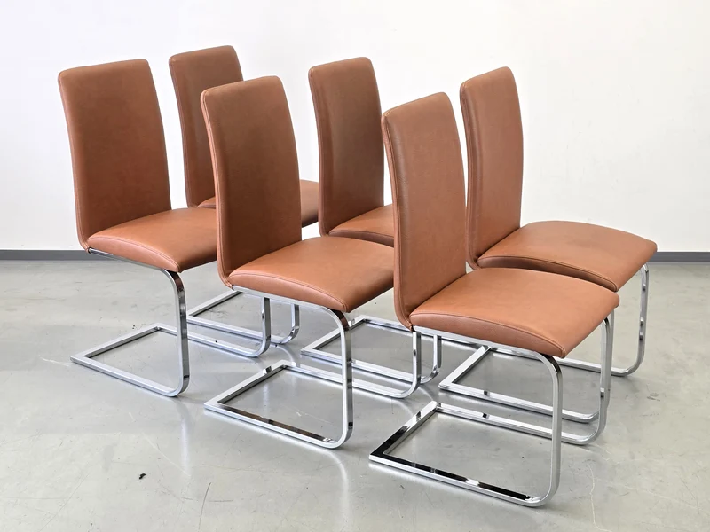 DESIGN FREISCHWINGER Leder-Optik Braun Chrom Stühle hochwertig 6er Set Modern