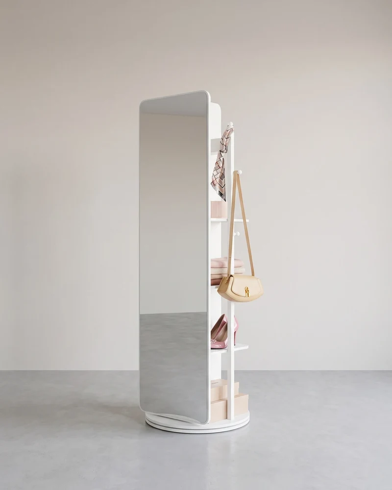 Standspiegel mit Ablagefläche – 360° drehbar – mit 4 Ablagen und 4 Haken – Ganzkörperspiegel – MDF und Sicherheitsglas