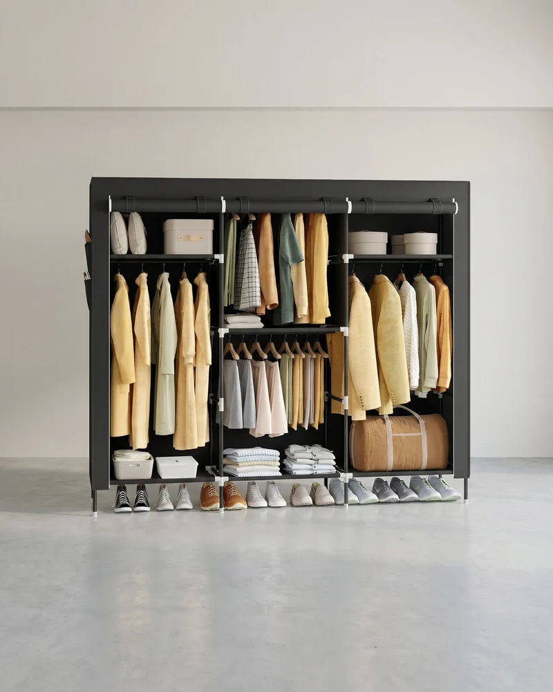 Stoffkleiderschrank – Mit Kleiderstange und Staufächern – Platzsparend – Mit Abdeckung