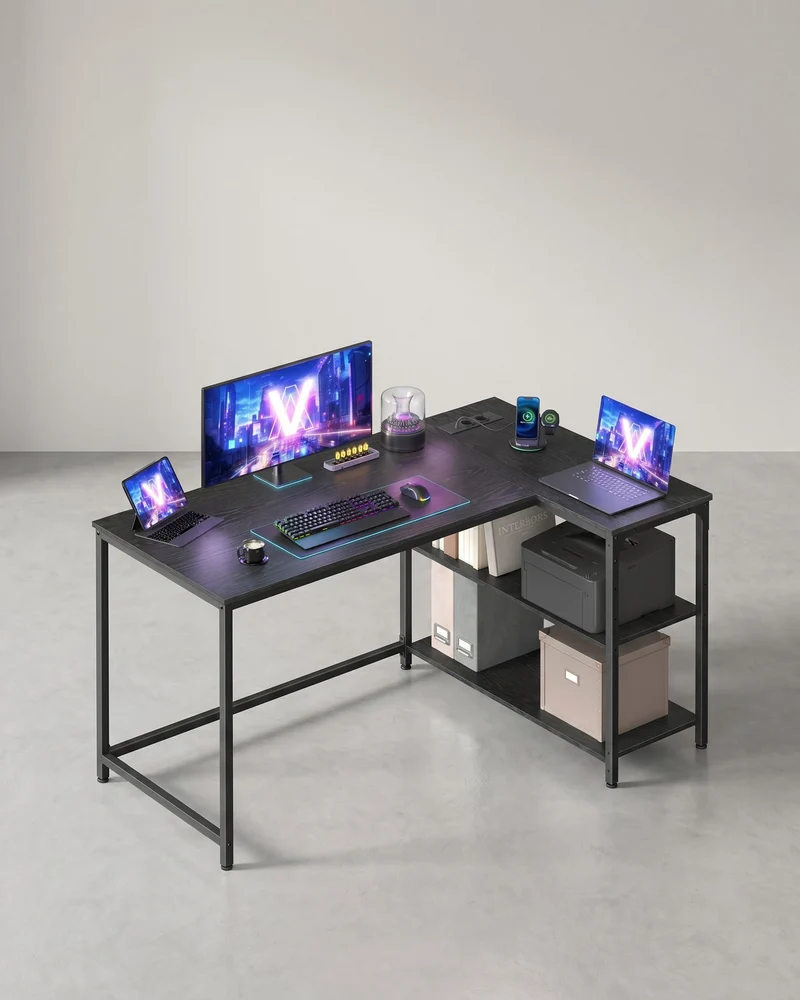 L-förmiger Eckschreibtisch mit Stauraum – Schreibtisch mit Steckdosen – Computertisch fürs Homeoffice