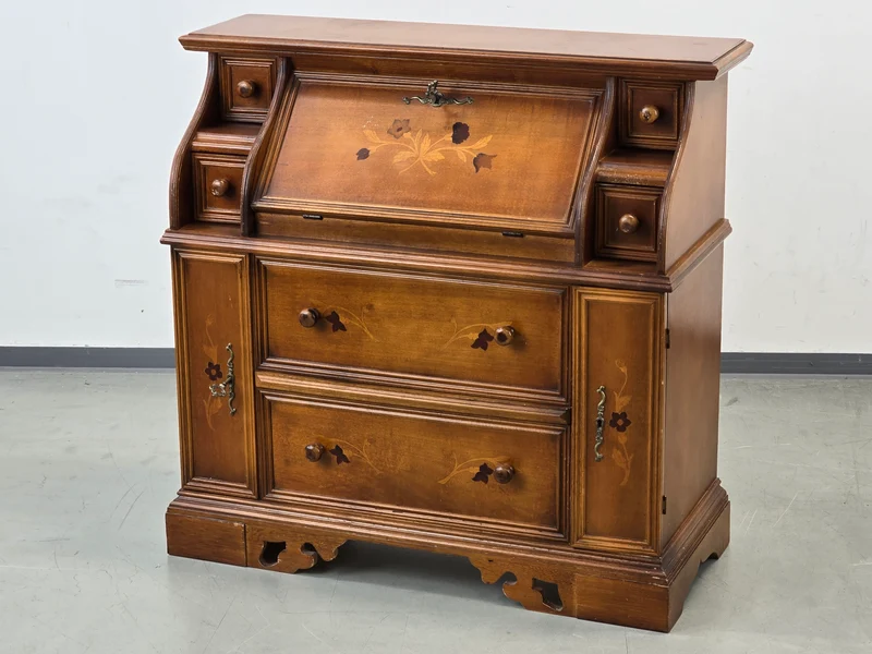 VINTAGE SEKRETÄR Schreibschrank Kommode Intarsien Antik-Stil Massivholz 60er