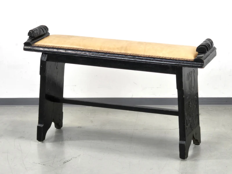VINTAGE BANK Leder Schwarz Holz geschnitzt Weintrauben Flurbank Spanish Revival