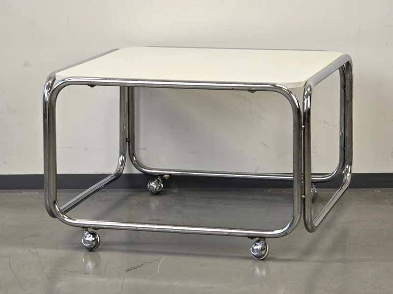 VINTAGE BEISTELLTISCH Chrom Rollen Couchtisch Bauhaus 60er Jahre Design Weiß