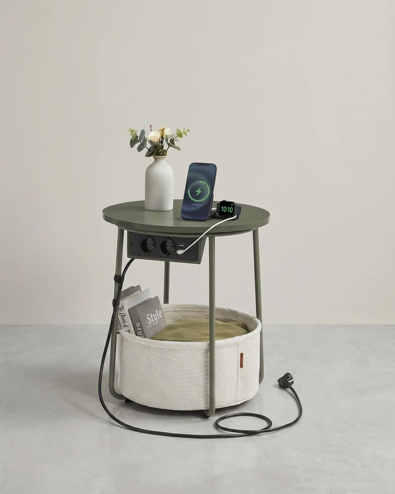 Beistelltisch mit Steckdose und USB-Anschluss - mit Korb - Moderner Tisch