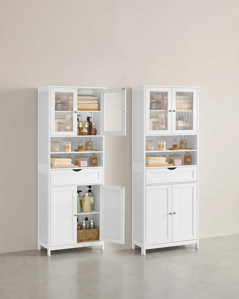 Badezimmerschrank hoch 170 cm – mit oder ohne LED-Beleuchtung – verstellbare Böden, Schublade & offene Fächer – Weiß