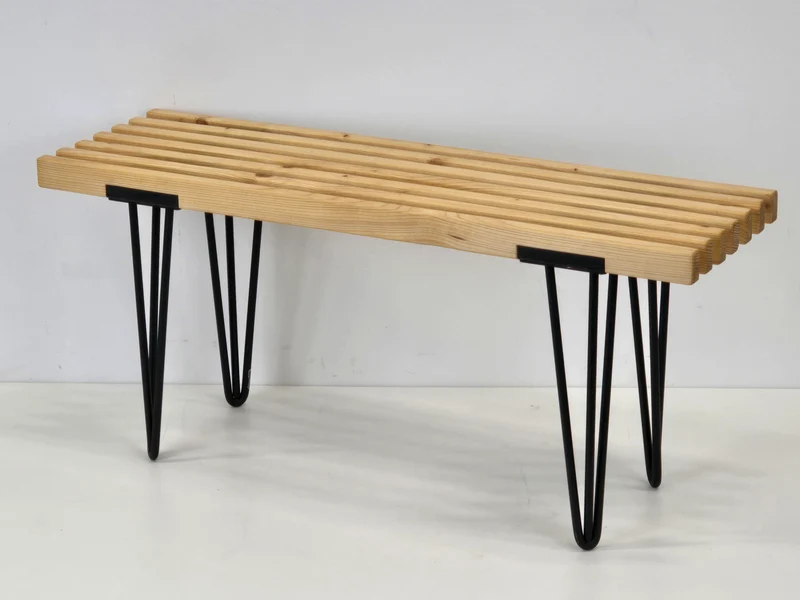 DESIGNER SITZBANK Holz Lattenbank Hairpin Legs Vintage Mid Century Schwarz