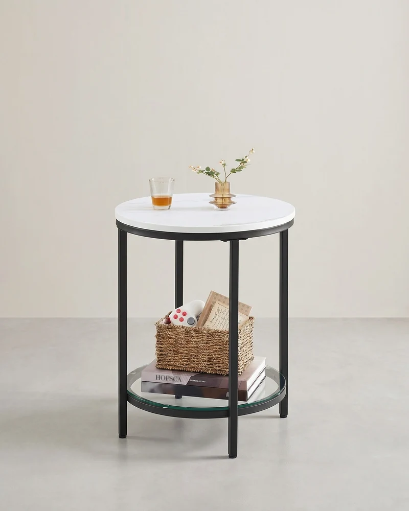 Beistelltisch Marmoroptik - Nachttisch mit 2 Ebenen - Gehärtetes Glas - Wohnzimmer - Schlafzimmer