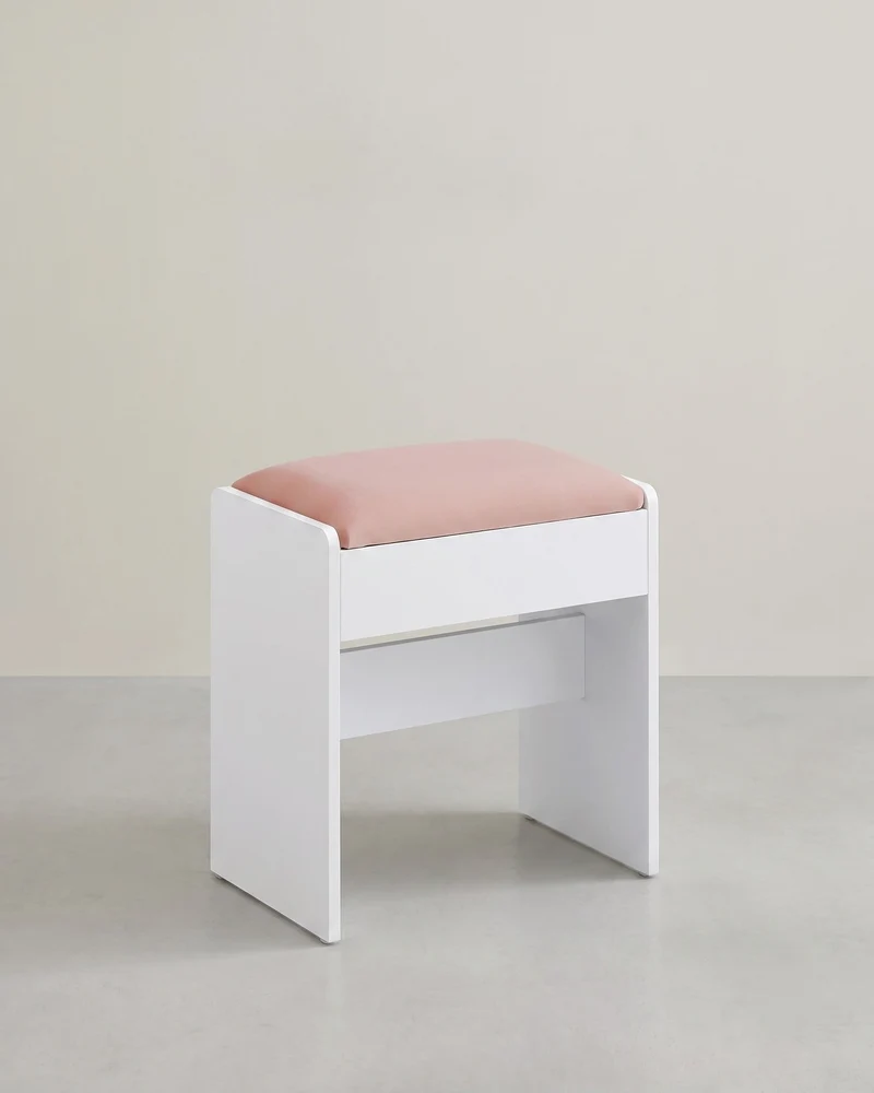 Schminkhocker – Sitzfläche aus Samt – 120 kg Tragkraft – Weißer Holzhocker mit rosa Polsterung