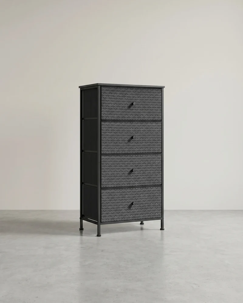 Schwarz-weiße Kommode – Aufbewahrungsschrank mit 5 Stoffschubladen – Geometrisches Design – Metallrahmen – 99 cm hoch – Bis zu 63,5 kg belastbar