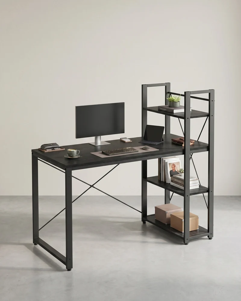 Schreibtisch mit Bücherregal – 120 cm breit – Flexible Regalmontage links oder rechts – Industriedesign – Bis zu 100 kg belastbar