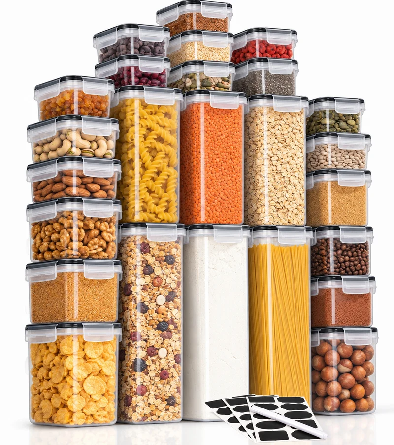 Vorratsdosen 24er Set in 7 Größen, 0,24–2,8 L – Vorratsbehälter für Spaghetti, Mehl, Zucker, Müsli und Reis, Aufbewahrungsboxen für Küche und Vorratsschrank, mit 30 Etiketten und 1 Stift