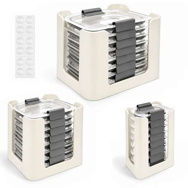 3‑Pack White Lids Organizer for Rubbermaid Brilliance | Medium Rack Fits 16, 12, 7.8, 4.7, 3.2, 2.85 & 2.0 Cup Lids, Small Rack Fits 6.6 & 1.3 Cup Lids, Mini Rack Fits 0.5 Cup Lid