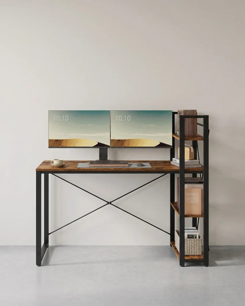 Industrie-Schreibtisch mit 3 Ablagen – 120 cm – Rechts oder Links montierbar – Verstellbare Füße – Bis 50 kg belastbar