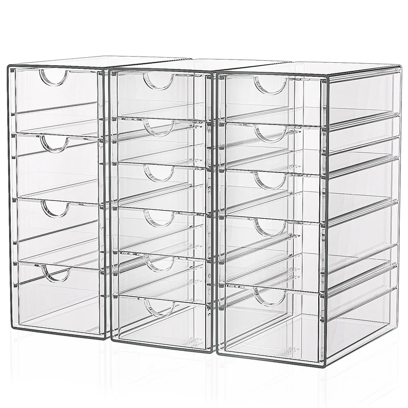 GoMaihe 3-Piece Desk Drawer Boxes: Clear Acrylic Vanity Organizer | Makeup Organizer with 15 Drawers | Desk Organizer for Home, Office, and School