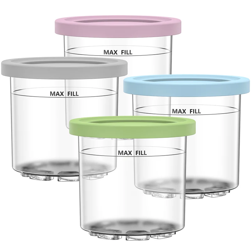 Creami Containers 4-Pack for Ninja Creami NC301 Series – Replacement Pints with Lids, Compatible with NC301/NC300/NC299AMZ/CN305A/CN301CO, BPA-Free, Dishwasher Safe, Leakproof, Pink Green Grey Blue