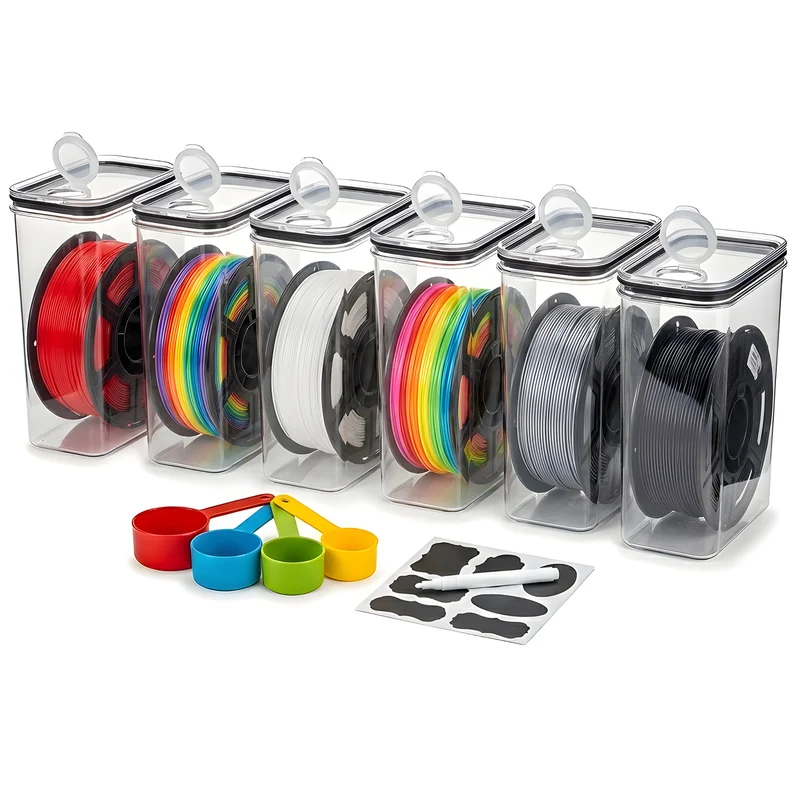 Food Storage Containers 6-Pack 4L Airtight with Lids – Filament Box for 3D Printer Filament Spools, BPA-Free Storage Boxes with Filament Outlet, Labels & Marker