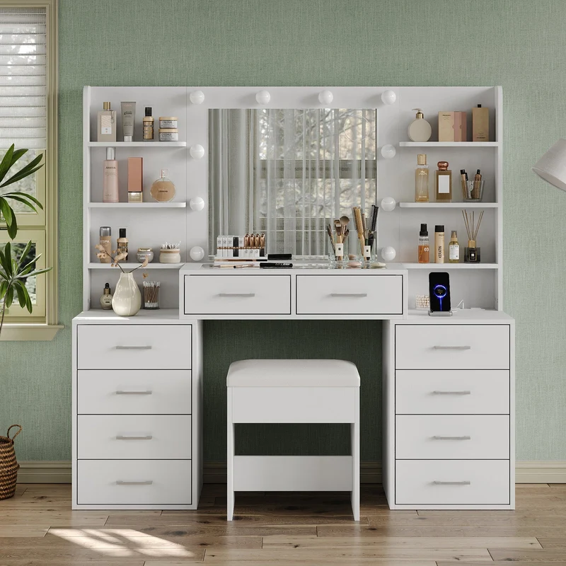 59" W Large Makeup Vanity Desk with LED Mirror, 8 Drawers & 2 Cabinets, Glass Top, Power Outlet, 3-Color Dimmable Lights & Chair for Bedroom