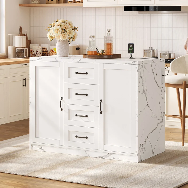 47.2" Kitchen Island with Storage & Seating, Faux Marble Top, Charging Station & LED Lights, 4 Drawers, Adjustable Shelves & Coffee Bar Cabinet, White
