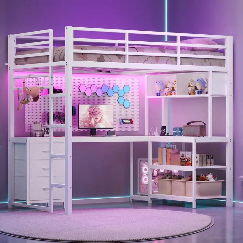 Twin Size Loft Bed Frame with L-Shaped Desk, RGB LED Lights, Charging Station, 3 Fabric Storage Drawers, Open Shelves & Grid Pegboard, Metal Bed for Teens & Adults, Black