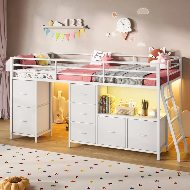 Twin Low Loft Bed with 7 Drawers & Bookcase, RGB LED Lights, Metal Bed Frame with Safety Guardrails & Inclined Ladder, Under-Bed Play Space, Pink
