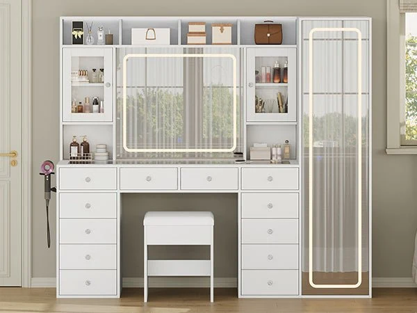 71" Large Vanity Desk with Full-Length LED Mirror, RGB Lighted Shelves, 12 Drawers, 2 Cabinets, Power Outlet & Vanity Stool