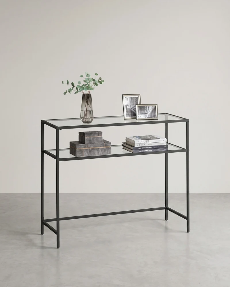 Konsolentisch mit Glasregalen – Minimalistisches Design – Schwarzer Stahl und gehärtetes Glas – 100 cm breit