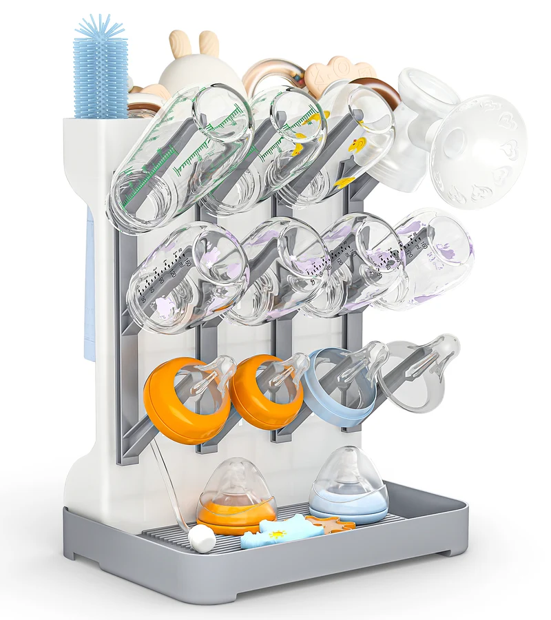 GoMaihe Baby Bottle Drying Rack: Space Saving Vertical Bottle Dryer Holder - Baby Accessories Storage Stand Organize Brushes Pacifiers on Countertop - BPA-Free - Gray