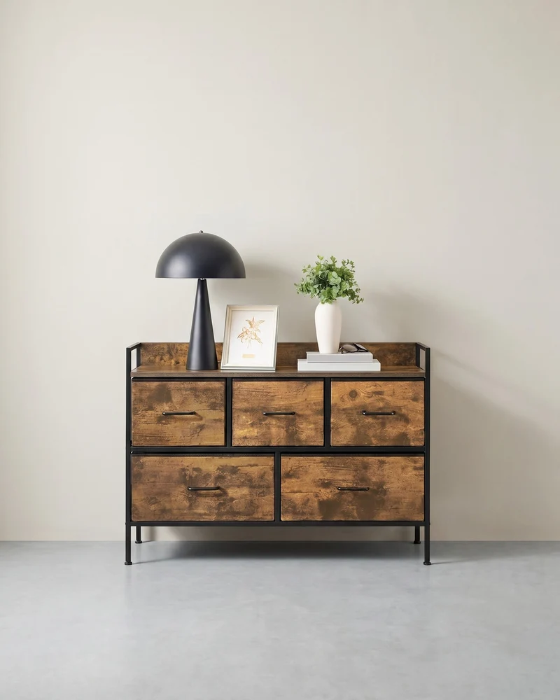 Kommode mit 5 Stoffschubladen – Schrank für Schlaf- oder Wohnzimmer – mit Seitenleisten und erhöhtem Rand – 98 cm breit