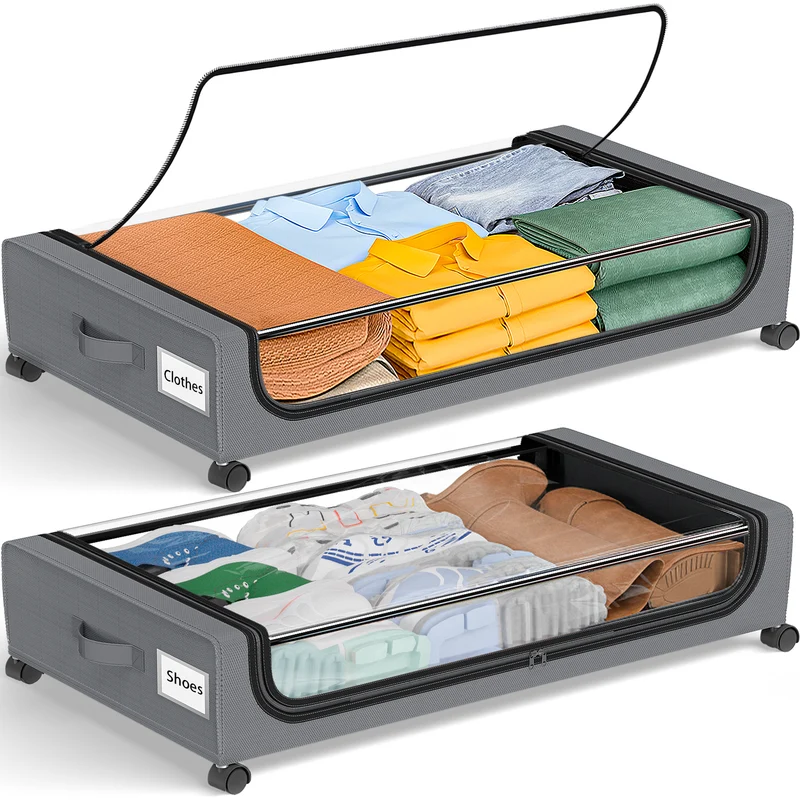 GoMaihe Under Bed Storage with Wheels: Extra Large Underbed Storage Containers with Lids - Rolling Bins for Shoes Clothes in Dorm Bedroom - Metal Drawers Easy Pull-out Grey 2-Pack