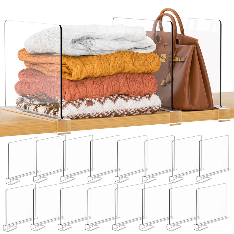 Purse Organizer for Closet Shelf Dividers: 16-Pack Adjustable Clear Acrylic Bag Storage Organizer for Handbags, Sweaters, Towels, Jeans and Shoes on Wood Shelves